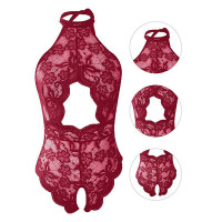 Halter Backless Cutout Crotchless Lace Teddy - Wine red