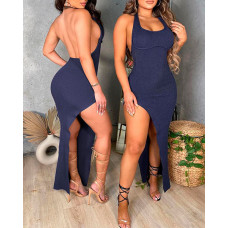 Halter Backless High Slit Ribbed Party Dress - purplish blue