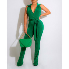 Halter Backless Overlap Belted Jumpsuit - green