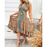 Halter Backless Ruffle Hem Paisley Print Dress - khaki