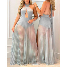 Halter Backless Sheer Mesh Maxi Dress - gray