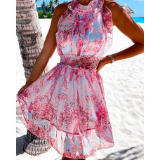 Halter Backless Shirred Ruffle Hem Plants Print Dress - pink