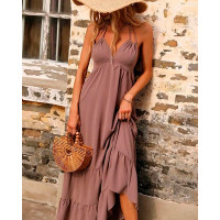 Halter Backless Sleeveless Flared Dress - Apricot