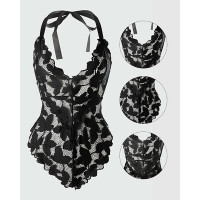 Halter Backless Sleeveless Lace Teddy - black