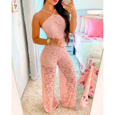 Halter Crochet Lace High Slit Jumpsuit - pink