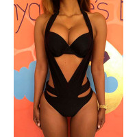 Halter Cutout Backless One Piece Swimsuit - black