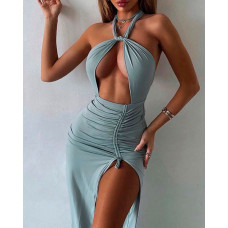 Halter Cutout Backless Ruched Slit Dress - gray