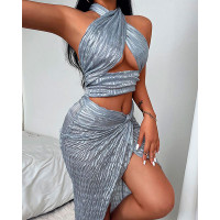 Halter Cutout Crop Top & High Slit Twisted Skirt Set - blue