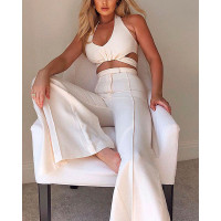 Halter Cutout Crop Top & Slit Bootcut Pants Set - white