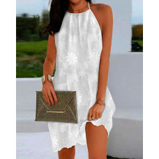 Halter Eyelet Embroidery Casual Dress - white