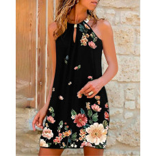 Halter Floral Butterfly Print Dress - black