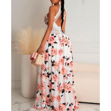 Halter Floral Print Crisscross Backless Maxi Dress - pink