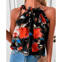 Halter Floral Print Sleeveless Top - black