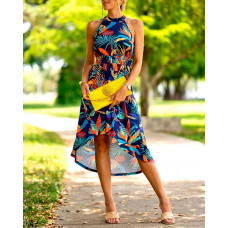 Halter High Low Hem Tropical Print Dress - Multicolor