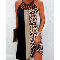 Halter Hollow Out Cheetah Print Colorblock Casual Dress - Leopard