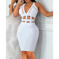 Halter Hollow-Out Sheer Mesh Buckled Bodycon Dress - white