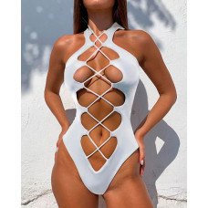 Halter Lace-up Cutout One Piece Swimsuit - white