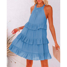 Halter Layered Ruffle Hem Casual Swing Dress - blue