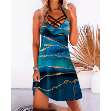 Halter Marble Print Sleeveless Casual Dress - blue