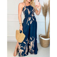 Halter Plants Print Backless Slit Wide Leg Jumpsuit - dark blue