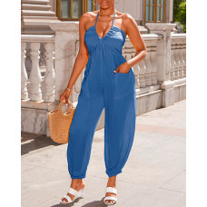 Halter Pocket Design Cuffed Jumpsuit - blue