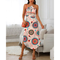 Halter Retro Print Backless Slit Irregular Dress - Multicolor