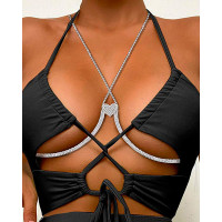 Halter Rhinestone Decor Heart Pattern Bra Body Chain - silver