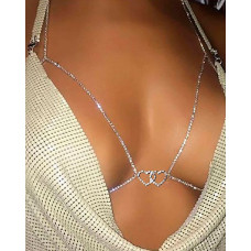 Halter Rhinestone Heart Pattern Bra Body Chain - silver