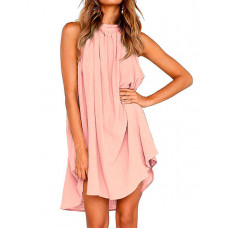 Halter Ruched Cutout Sleeveless Swing Dress - pink