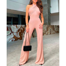 Halter Ruched Sleeveless Wide Leg Jumpsuit - pink