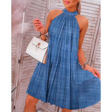 Halter Sleeveless Pleated Casual Dress - blue