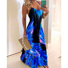 Halter Sleeveless Print Maxi Dress - blue