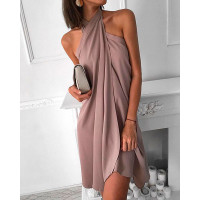 Halter Sleeveless Ruched Design Dress - brown