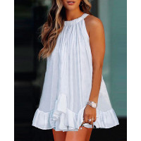 Halter Sleeveless Ruffles Trim Swing Dress - white