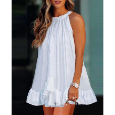 Halter Sleeveless Ruffles Trim Swing Dress - white