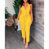 Halter Sleeveless Vest Blazer Top & High Waist Pants Set - yellow