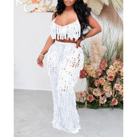 Halter Tassel Design Crochet Bikini Top & High Waist Pants Set - white