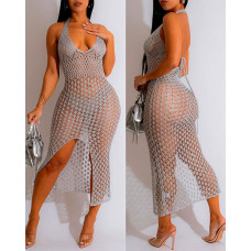 Halter Tied Detail Hollow Out Crochet Bodycon Dress - gray