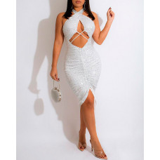 Halter Tied Detail Slit Cutout Sequin Dress - white