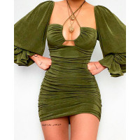 Halter Velvet Ruched Lantern Puff Sleeve Bodycon Dress - green