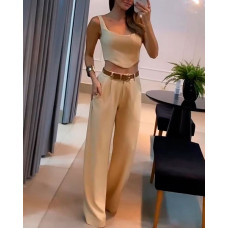 Hanky Hem Top & Wide Leg Pants Set Without Belt - beige