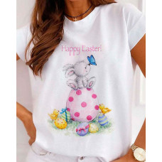 Happy Easter Bunny Polka Dot Egg Butterfly Print Casual T-shirt - white