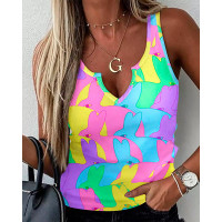 Happy Easter Bunny Print Notch Neck Tank Top - Multicolor