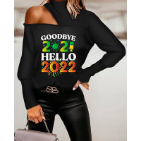 Happy New Year Print Cold Shoulder Top - black