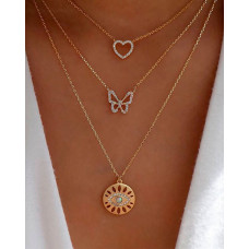 Heart & Butterfly & Evil Eye Studded Layered Necklace - gold