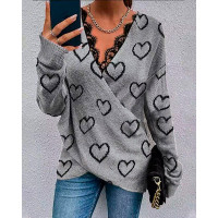 Heart Contrast Lace Long Sleeve Wrap Sweater - gray