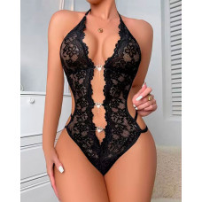 Heart Decor Halter Backless Lace Teddy - black