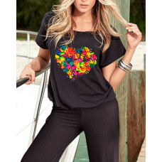 Heart Hands Print Short Sleeve Jumpsuit - black