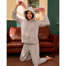 Heart Letter Embroidery Hooded Fluffy Pajamas Set - gray