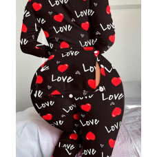 Heart Letter Print Functional Buttoned Flap Sleep Onesie - black